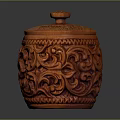 Intricately Carved Wooden Decorative Ornament With Swirl Patterns And Lid Design