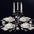 Elegant Formal Dinnerware Set With White Porcelain Plates Bowls Goblets And Candle Sticks