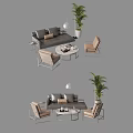 Modern Sofa Coffee Table Set With Armchairs Potted Plants And Hanging Lights 3d model