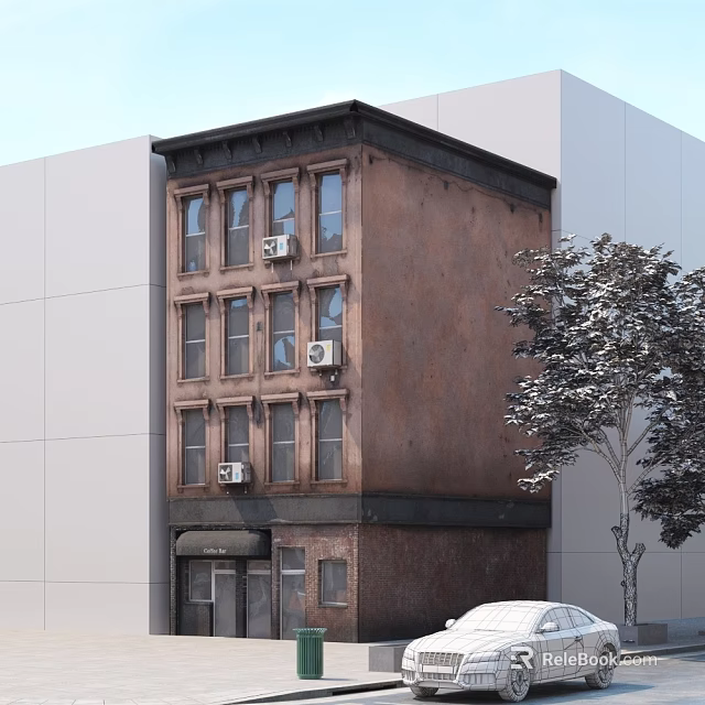 Multi Story Urban Building Complex With Brick Exterior Windows Air Conditioners And Tree 3d model 