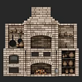 Traditional Brick Kitchen Cabinets With Storage Shelves Clay Pots And Hanging Pans