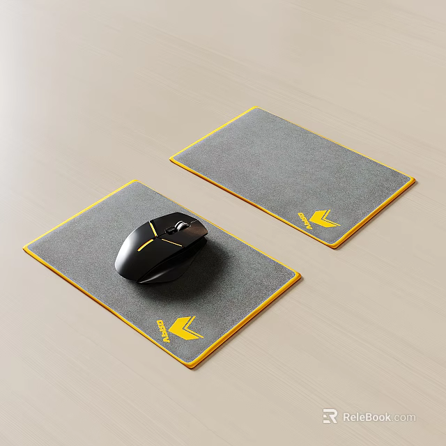 Black Gaming Mouse On Two Gray Mouse Pads With Yellow Borders And Logos 3d model