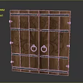 Rustic Wooden Double Door Cabinet With Carved Patterns Metal Ring Handles And Strips Decoration