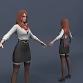 Game Movie Character With Red Hair White Top Black Skirt Red Scarf Front Back View