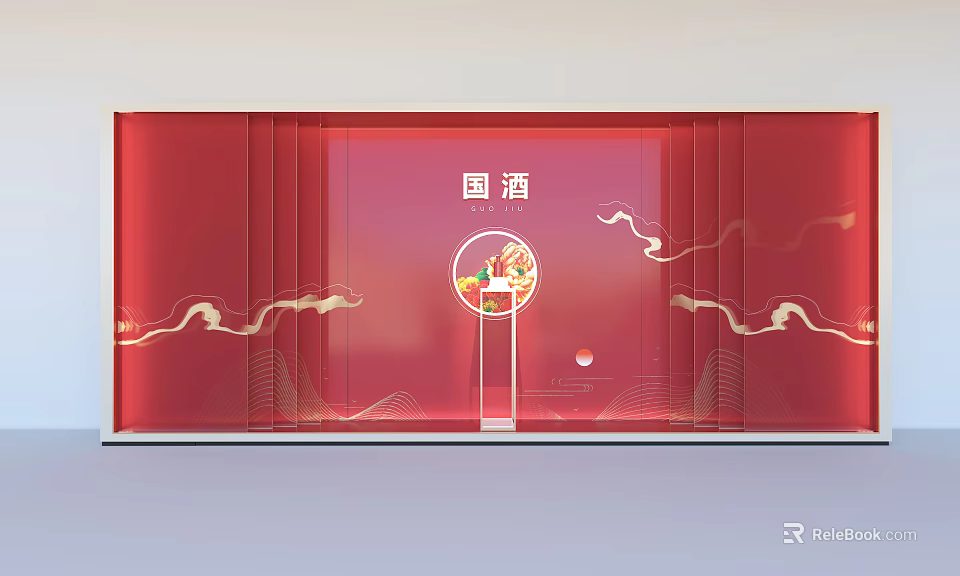 Red National Wine Themed Backdrop with Golden Cloud Patterns and Circular Design 3d model