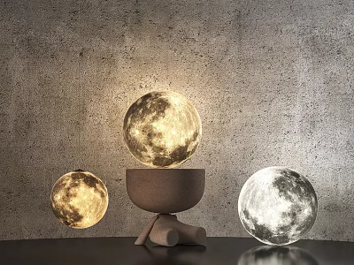 Contemporary Spherical Floor Lamps With Moon Texture Wooden Base And Lighting Effects 3d model