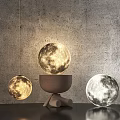 Contemporary Spherical Floor Lamps With Moon Texture Wooden Base And Lighting Effects