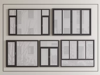 Modern Casement Windows With Black Frames And Various Design Styles 3d model
