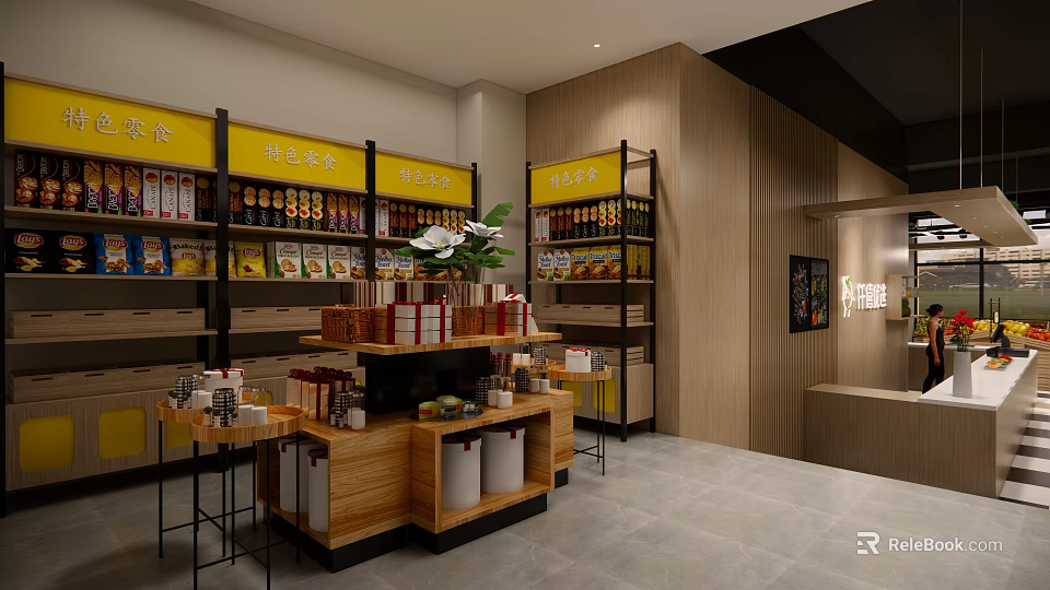 Modern Fruit Store Interior With Yellow Shelves Fresh Fruits Display Counter And Green Plants 3d model 