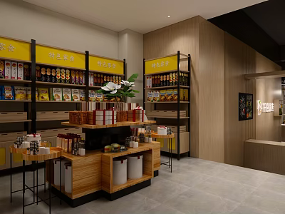 Modern Fruit Store Interior With Yellow Shelves Fresh Fruits Display Counter And Green Plants 3d model