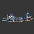 Snowy Wooden Cabin With Santa Hat Decor Donut Sign And Blue Gabled Roofs