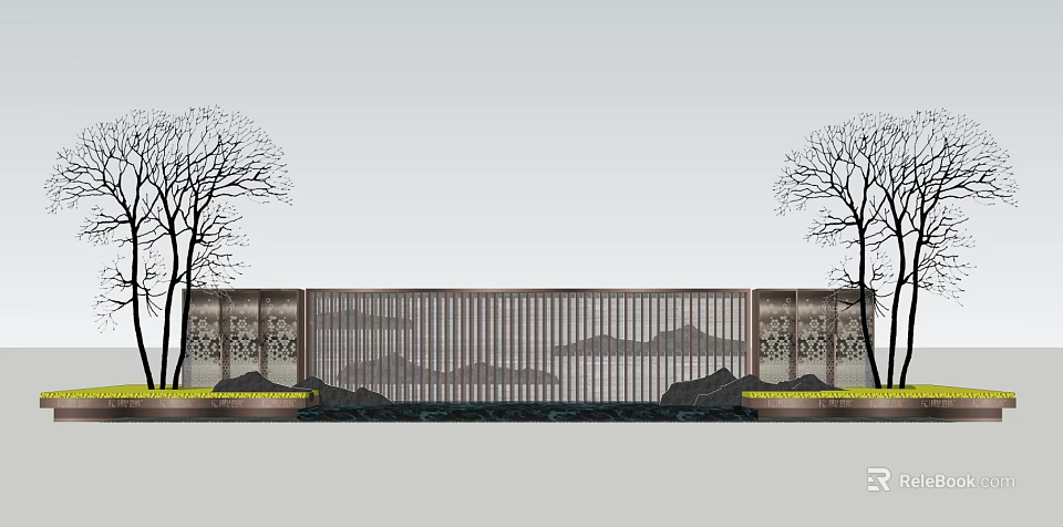 Artistic Scenic Wall Featuring Decorative Panels Grille Design Mountain Patterns And Flanking Trees 3d model 