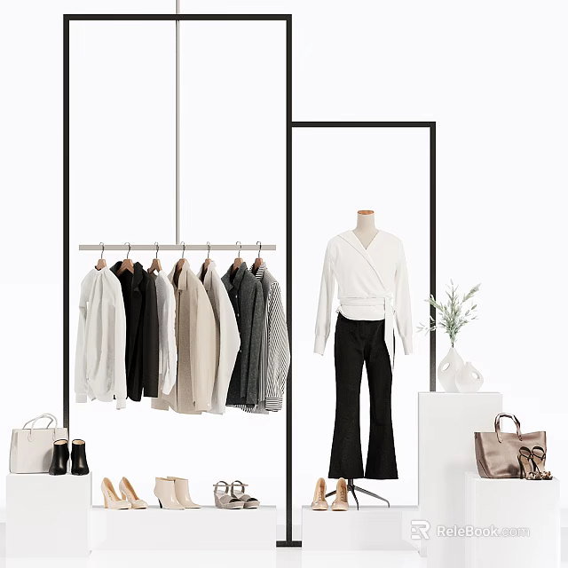 Fashion Model Wearing White Top And Black Pants With Hanging Clothes Handbags Shoes And Plant 3d model 