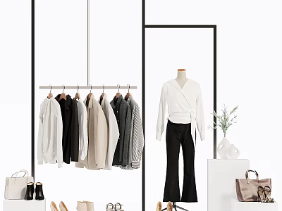 Fashion Model Wearing White Top And Black Pants With Hanging Clothes Handbags Shoes And Plant 3d model