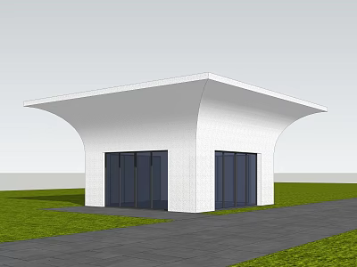 Modern Entrance Gate With White Wall Curved Roof And Glass Doors On Grass Pathway 3d model