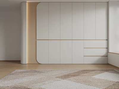 Modern Wardrobe Interior With White Panels Wooden Accents And Area Rug 3d model