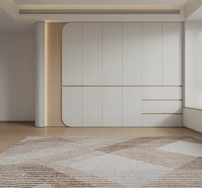 Modern Wardrobe Interior With White Panels Wooden Accents And Area Rug 3d model
