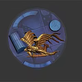 Game Movie Character Golden Angel With Spread Wings Glowing Weapon And Blue Base Flame
