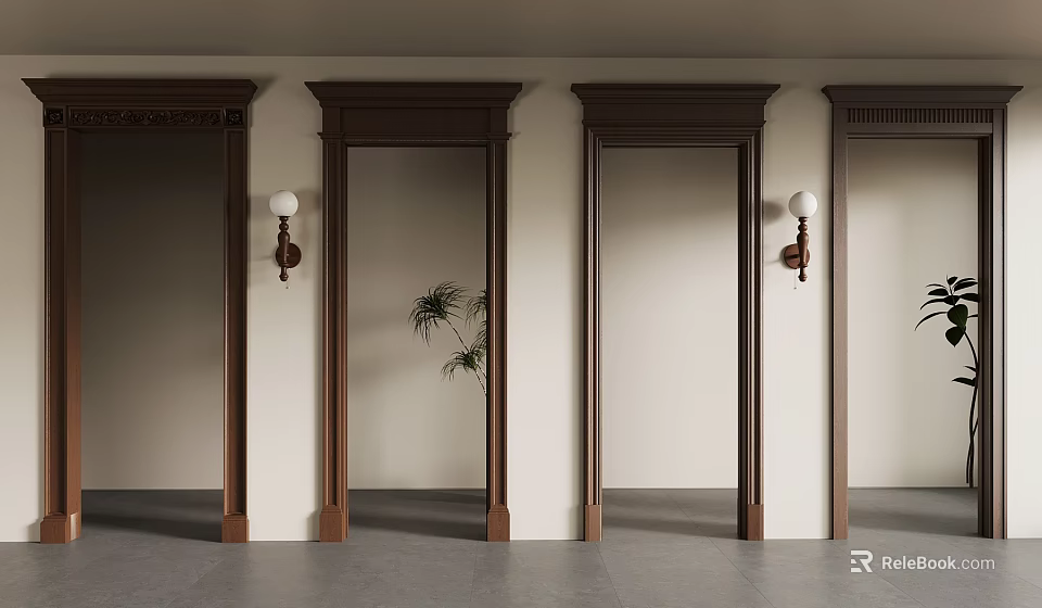 Interior With Light Colored Walls Dark Brown Wooden Door Frames Wall Lamps And Plant 3d model 