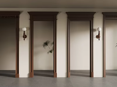 Interior With Light Colored Walls Dark Brown Wooden Door Frames Wall Lamps And Plant 3d model