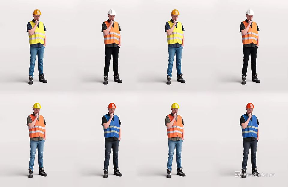 Multiple Men in Safety Vests and Hard Hats with Different Working Poses 3d model 