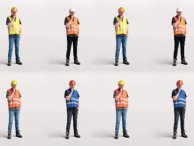 Multiple Men in Safety Vests and Hard Hats with Different Working Poses 3d model