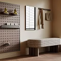 Stylish Upholstered Bench With Wooden Legs In Room With Pegboard Wall And Window Blinds