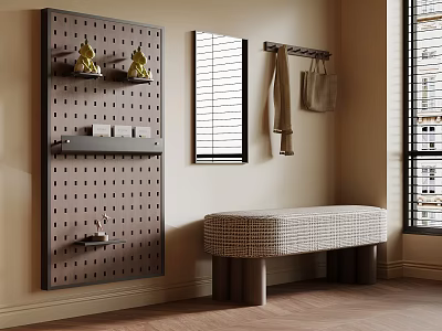 Stylish Upholstered Bench With Wooden Legs In Room With Pegboard Wall And Window Blinds 3d model
