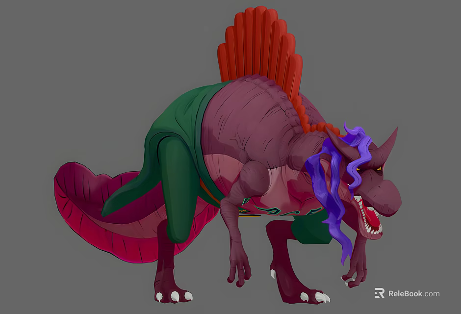 Cartoon Style Reptile Featuring Red Dorsal Fin Green Purple Body Purple Mane And Open Mouth 3d model 