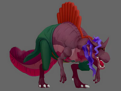 Cartoon Style Reptile Featuring Red Dorsal Fin Green Purple Body Purple Mane And Open Mouth 3d model