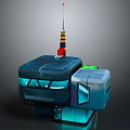 Cartoon Robot With Blue Black Body Yellow Striped Antenna Red Accents Green Lights Futuristic Design