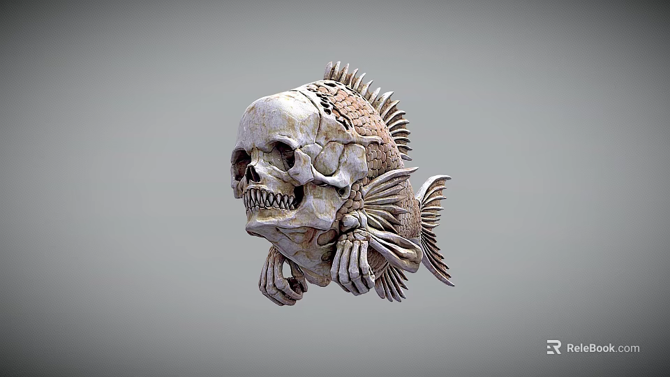 Intricate Skull and Fish Bones Sculpture with Artistic Biological Design Details 3d model 
