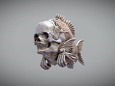 Intricate Skull and Fish Bones Sculpture with Artistic Biological Design Details 3d model