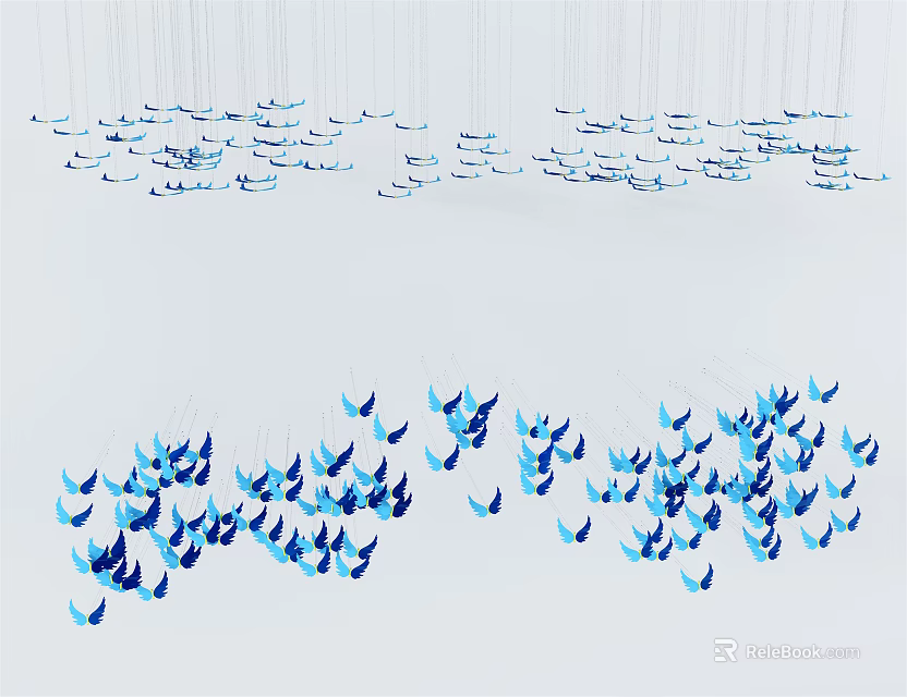Decorative Chandelier With Blue And White Butterfly Shaped Ornaments Hanging In Modern Interior Space 3d model 