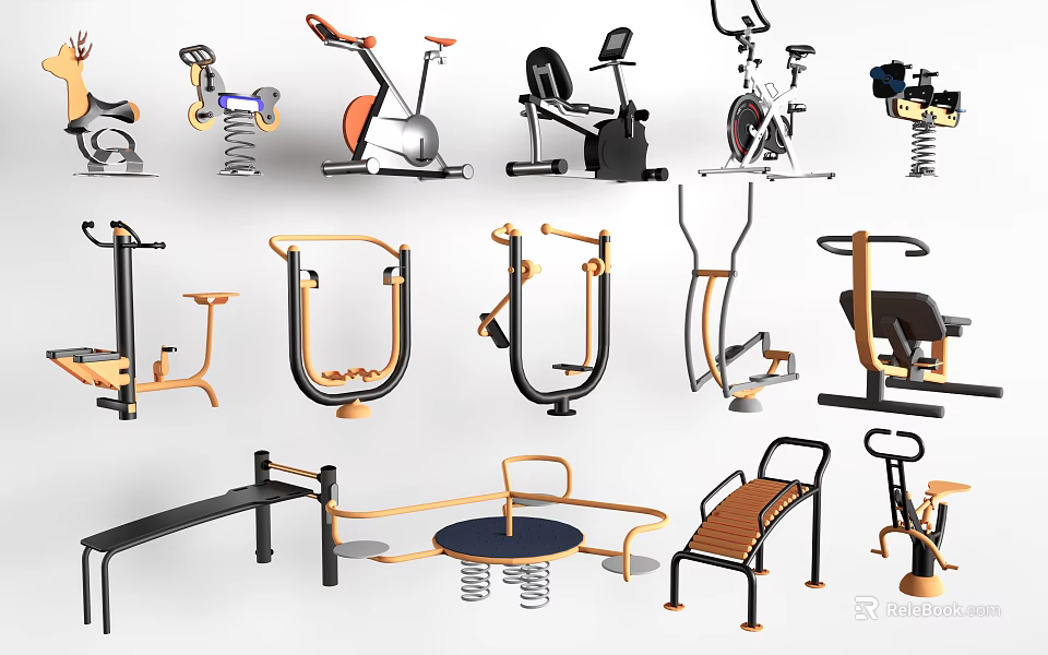 Various Fitness Equipment Including Exercise Bikes Treadmills And Weight Benches 3d model 