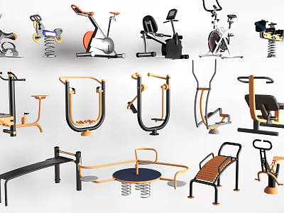 Various Fitness Equipment Including Exercise Bikes Treadmills And Weight Benches 3d model