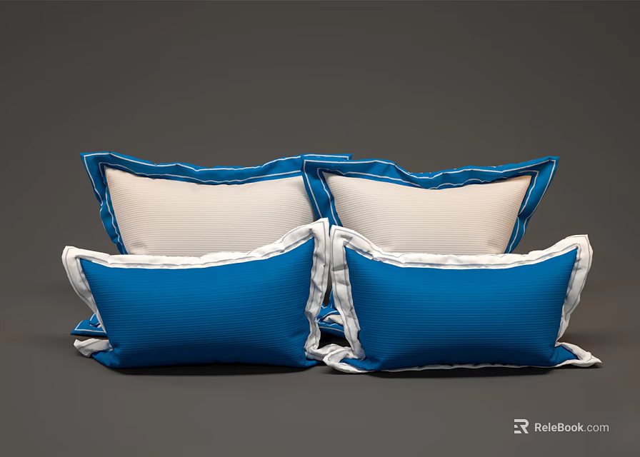 Blue and White Textured Decorative Pillows with Contrast Trim and Soft Fabric 3d model 