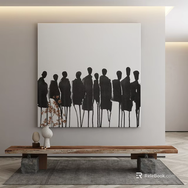 Modern Interior With Black Silhouette Figures Painting And Wooden Bench 3d model 