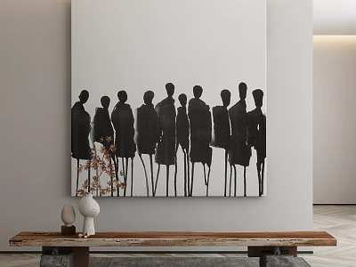 Modern Interior With Black Silhouette Figures Painting And Wooden Bench 3d model