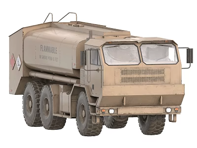 Military Khaki Colored Multi Wheeled Tanker Truck Design With Flammable Hazard Sign 3d model