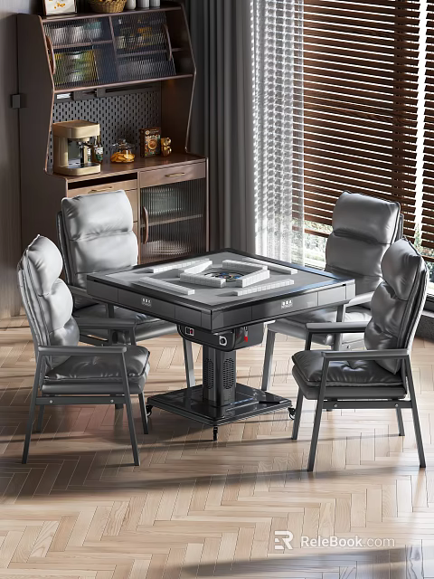 Square Entertainment Table With Four Leather Chairs In Room With Blinds And Cabinet 3d model 