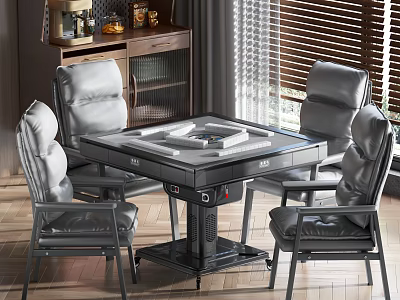 Square Entertainment Table With Four Leather Chairs In Room With Blinds And Cabinet 3d model