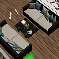 Modern Outdoor Patio With Wicker Sofas Light Gray Blue Cushions Wooden Deck And Green Plants