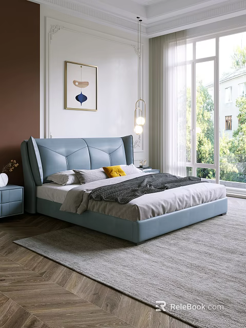 Modern Elegant Blue Double Bed With Upholstered Headboard In Bright Bedroom With Window Green View 3d model 