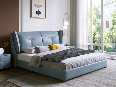 Modern Elegant Blue Double Bed With Upholstered Headboard In Bright Bedroom With Window Green View 3d model
