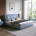 Modern Elegant Blue Double Bed With Upholstered Headboard In Bright Bedroom With Window Green View