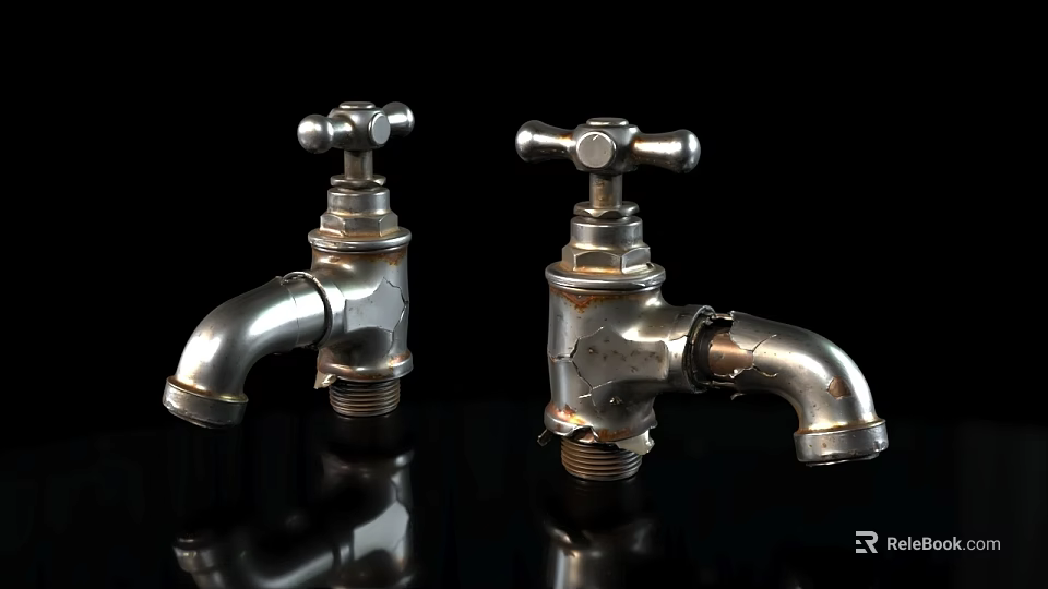 Two Vintage Silver Worn Rusted Faucets With Reflections On Black Background 3d model 