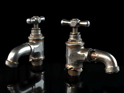 Two Vintage Silver Worn Rusted Faucets With Reflections On Black Background 3d model