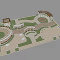 Park Landscape Design With Pergola Winding Pathways Curved Structures And Lawn Areas 3d model