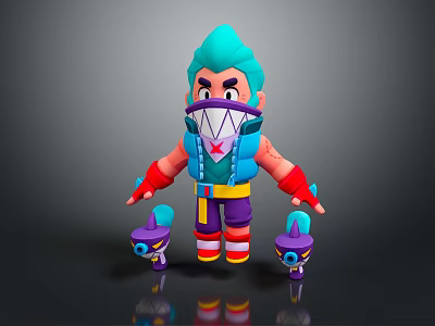 Animated Game Character With Turquoise Hair Shark Mouth Mask Colorful Outfit And Small Purple Sidekicks 3d model